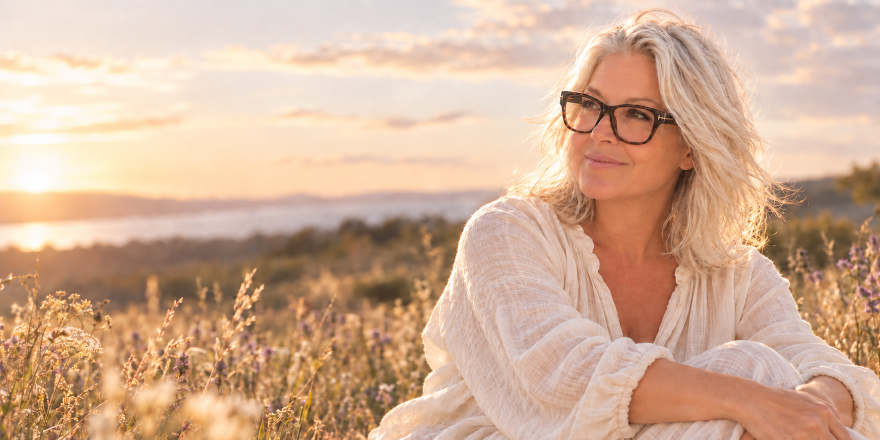 Annika sitting in a soft, golden landscape, turned towards the view